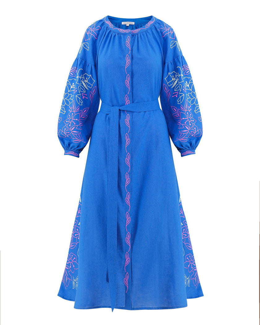 Blue Pink White Floral Embroidered Linen Kaftan Maxi Dress