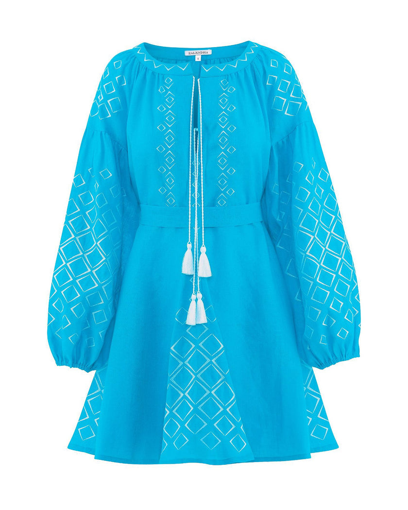 Turquoise White Geometric Embroidered Linen Mini Kaftan Dress