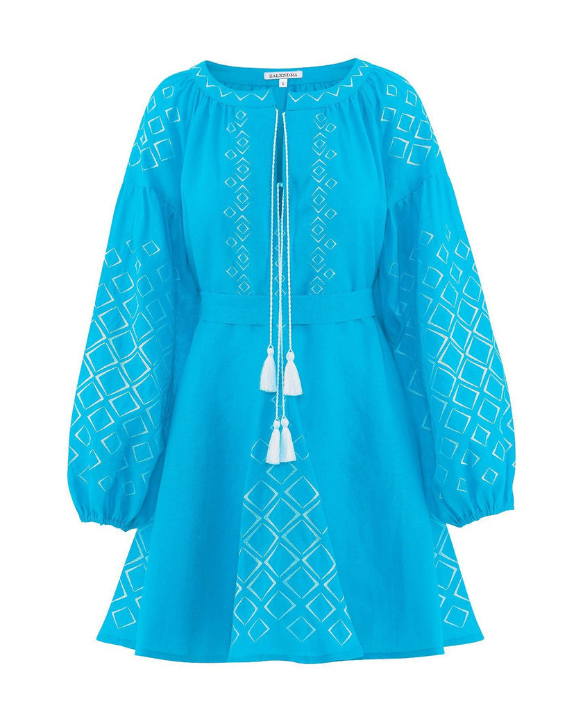 Turquoise Embroidered Linen Mini Dress – Balloon Sleeves