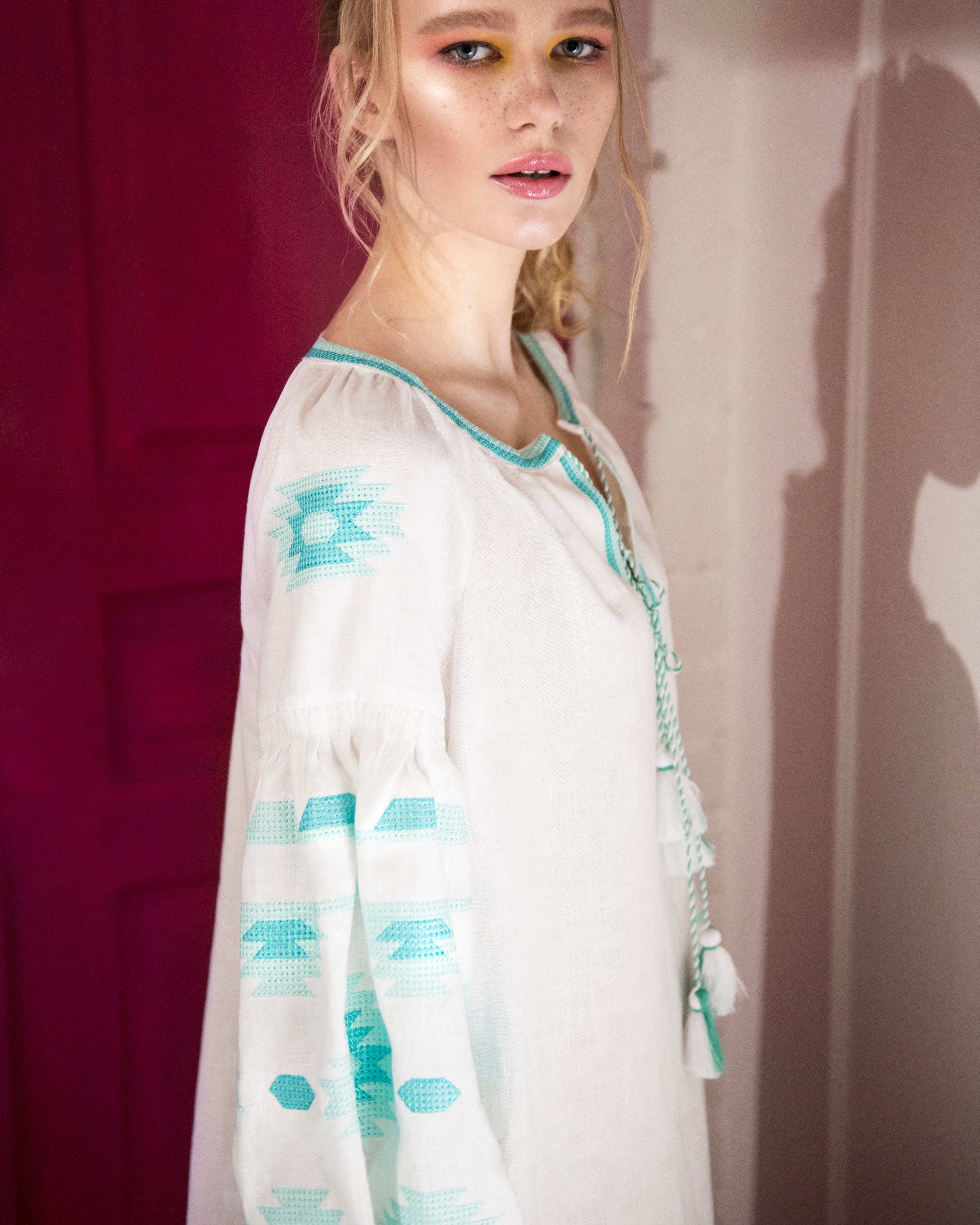 White Embroidered Linen Dress – Balloon Sleeves || ZALXNDRA