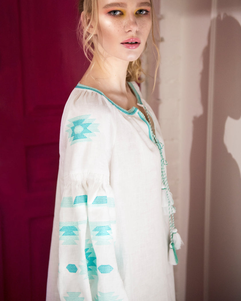 White Turquoise Geometric Embroidered Linen Kaftan Midi Dress