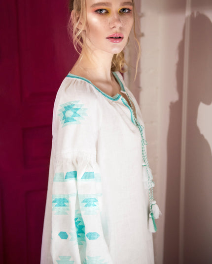 White Embroidered Linen Dress – Balloon Sleeves | ZALXNDRA