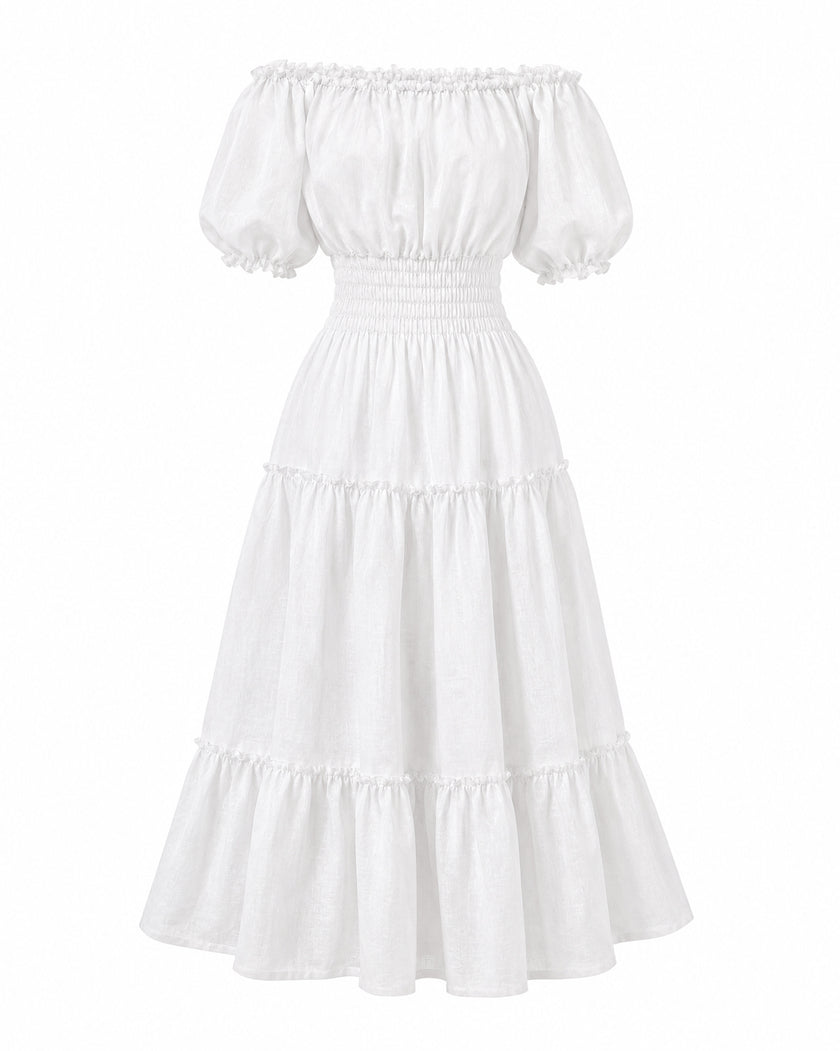 White Linen Off-Shoulder Midi Dress