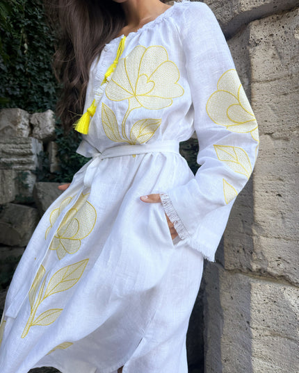 White Embroidered Linen Maxi Dress || ZALXNDRA
