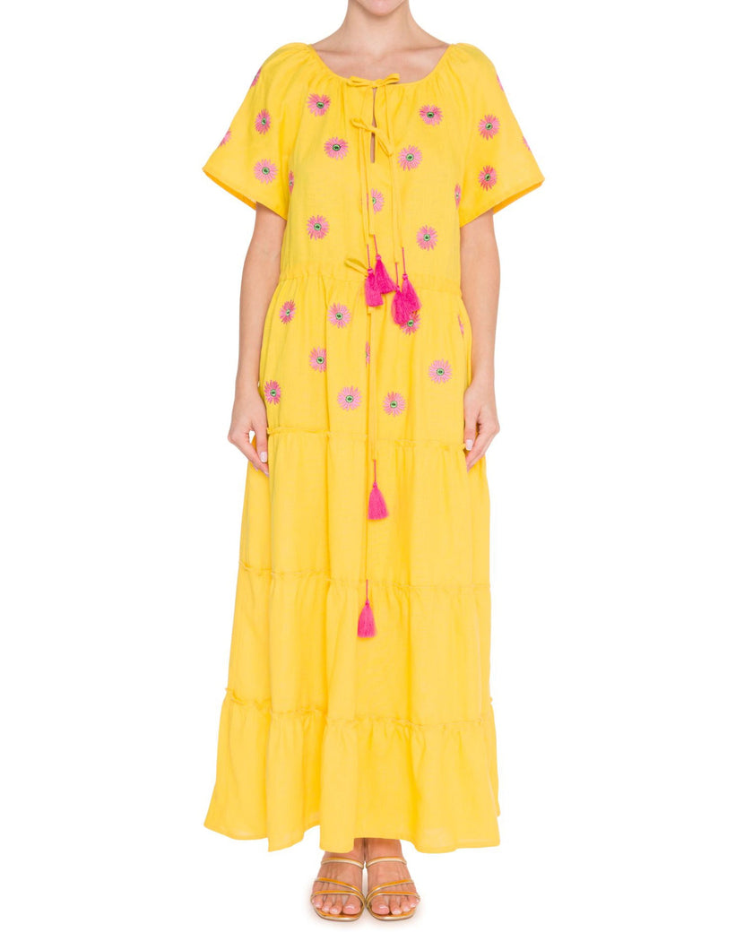Saffron Yellow and Pink Daisy Embroidered Linen Maxi Dress with Flutter Sleeves