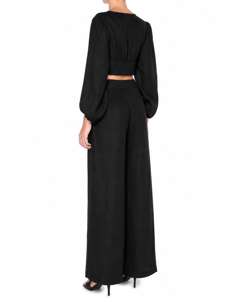 Black Linen V-Neck Crop Top and Palazzo Pants Co-ord Set