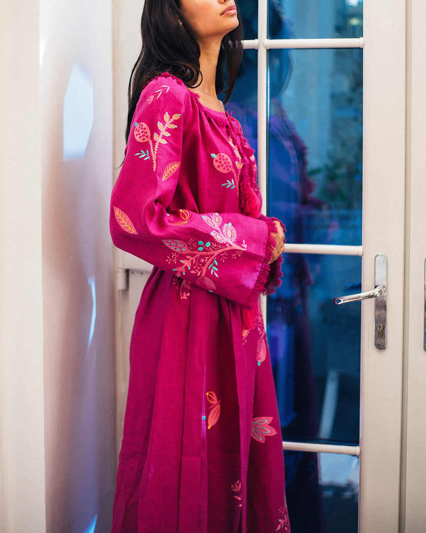 Deep Fuchsia Floral Embroidered Linen Kaftan Maxi Dress