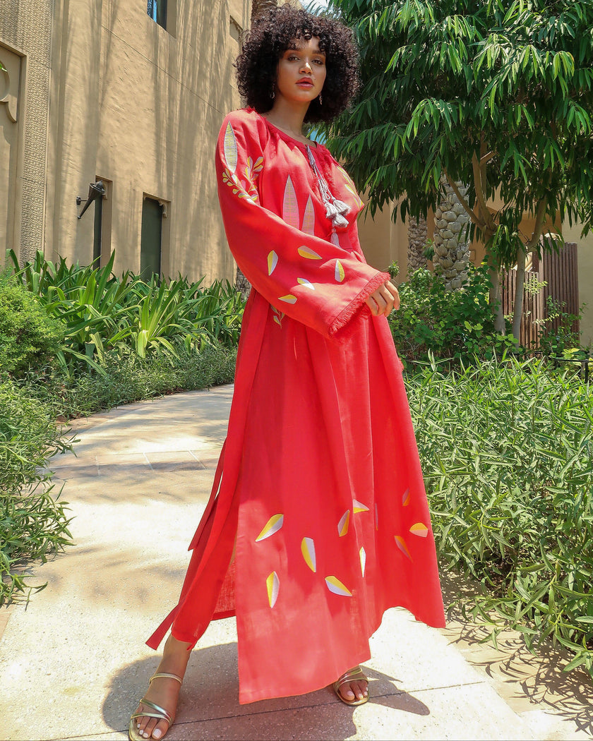 Scarlet Red Yellow Silver Floral Embroidered Linen Kaftan Maxi Dress