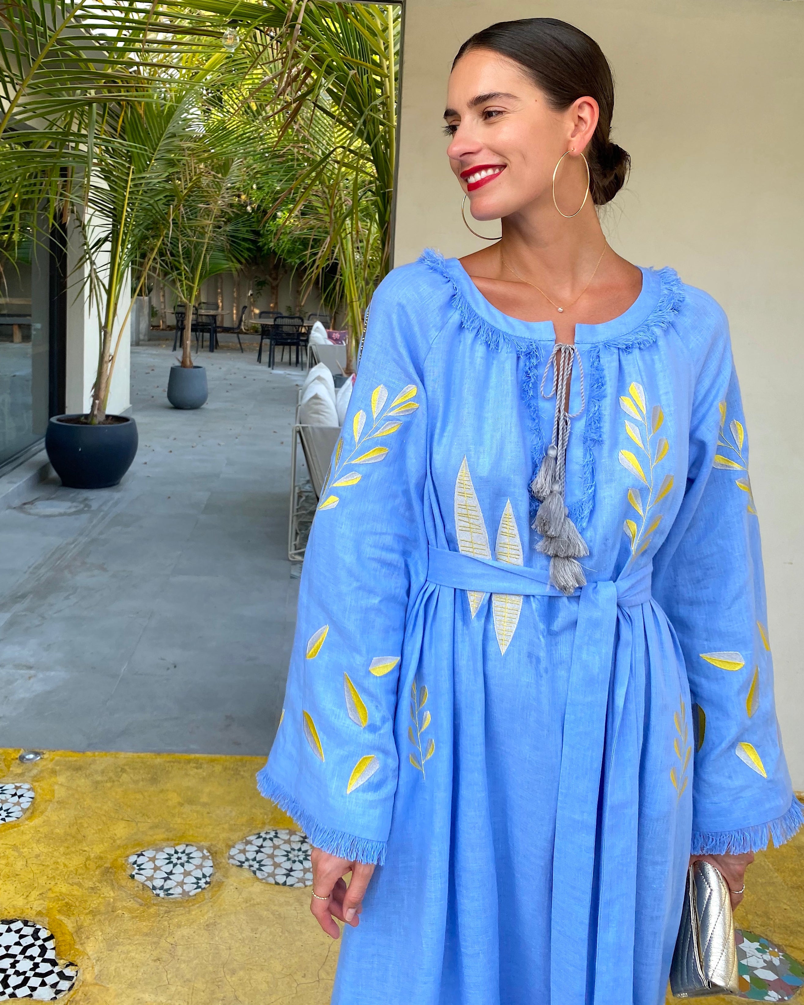 Powder Blue Embroidered Linen Maxi Dress | ZALXNDRA