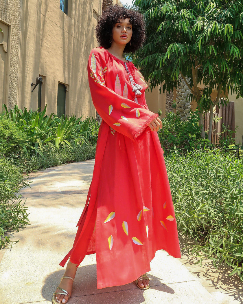 Scarlet Red Embroidered Linen Maxi Dress | ZALXNDRA