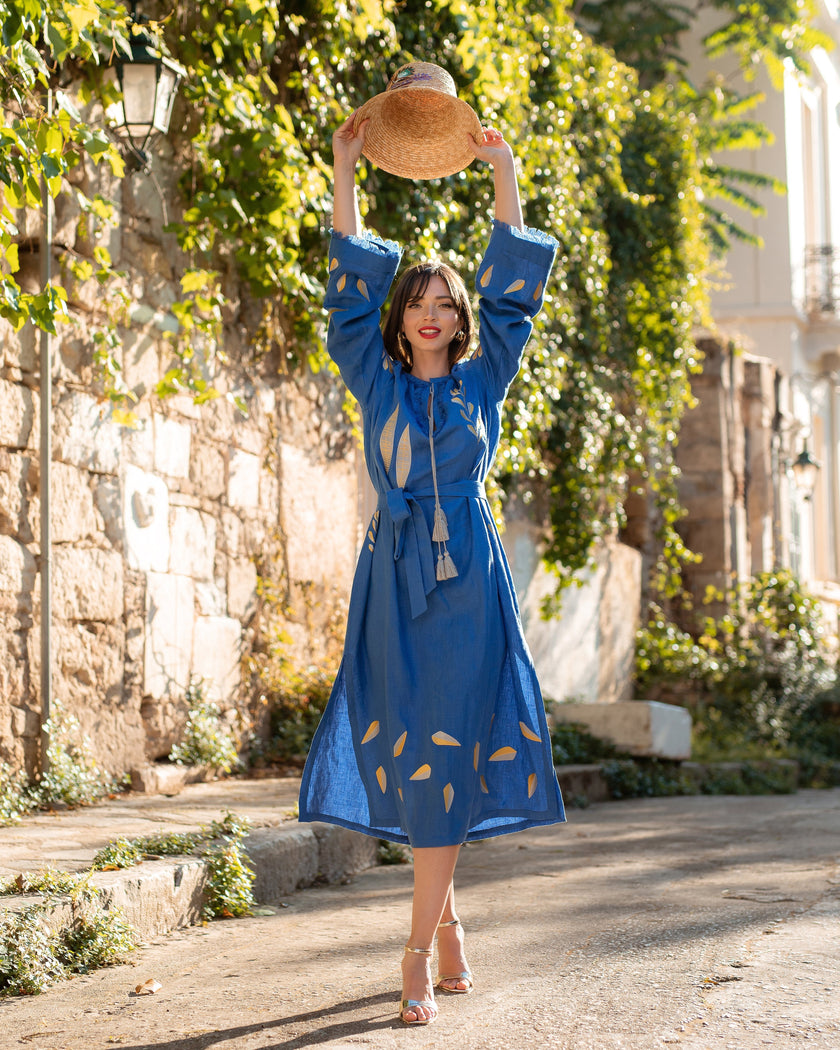 Royal Blue Embroidered Linen Maxi Dress | ZALXNDRA