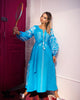 Turquoise Embroidered Linen Maxi Dress – Balloon Sleeves