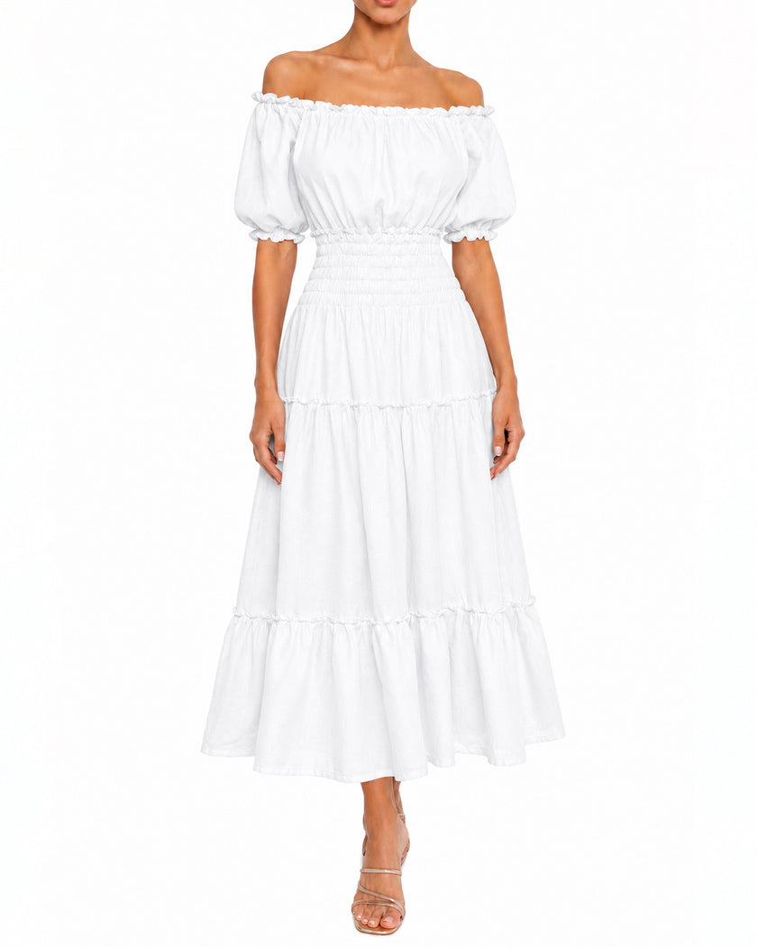 White Linen Off-Shoulder Midi Dress