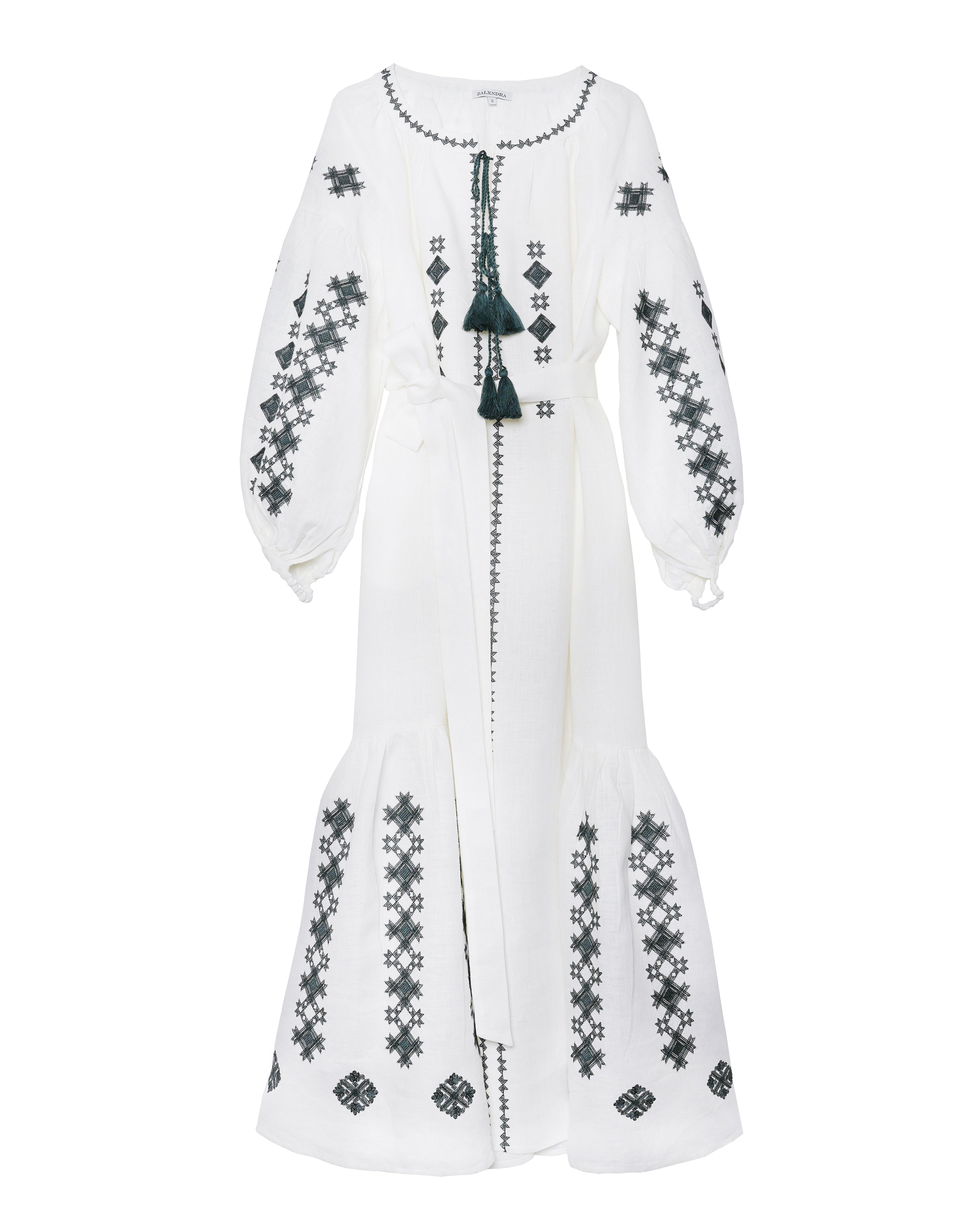 White Embroidered Linen Maxi Dress – Balloon Sleeves || ZALXNDRA