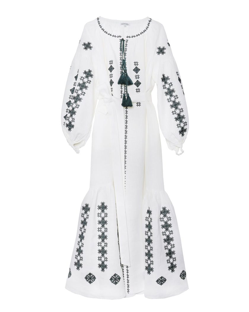 White Black Geometric Embroidered Linen Kaftan Maxi Dress