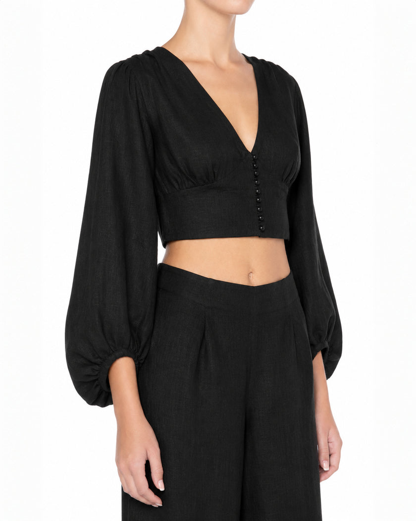 Black Linen V-Neck Crop Top and Palazzo Pants Co-ord Set