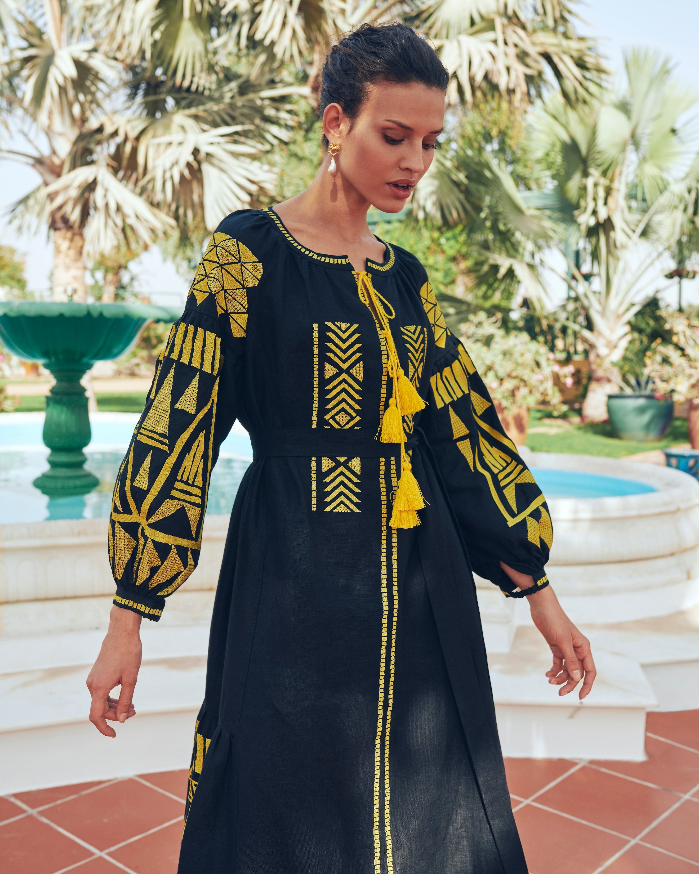 Black Embroidered Linen Maxi Dress – Balloon Sleeves || ZALXNDRA