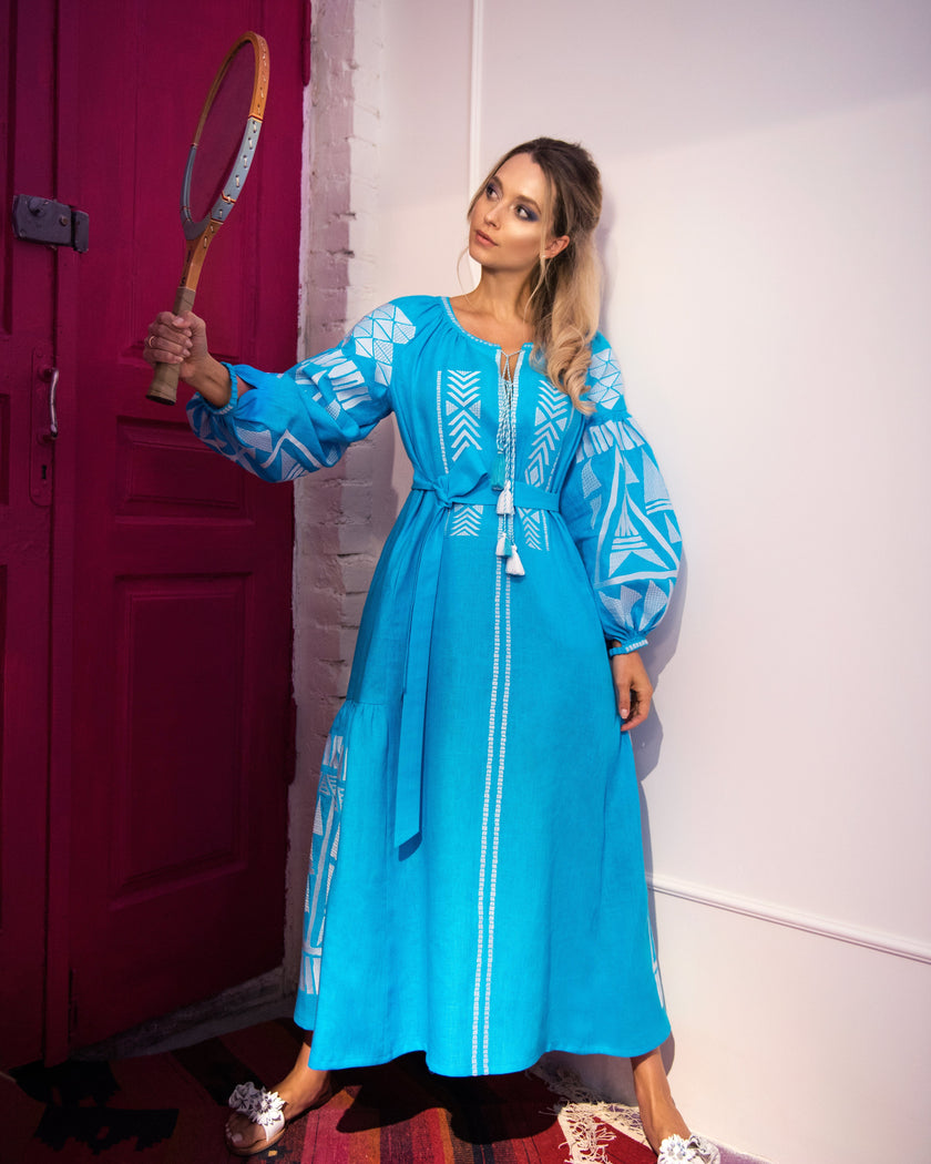 Turquoise Embroidered Linen Maxi Dress – Balloon Sleeves