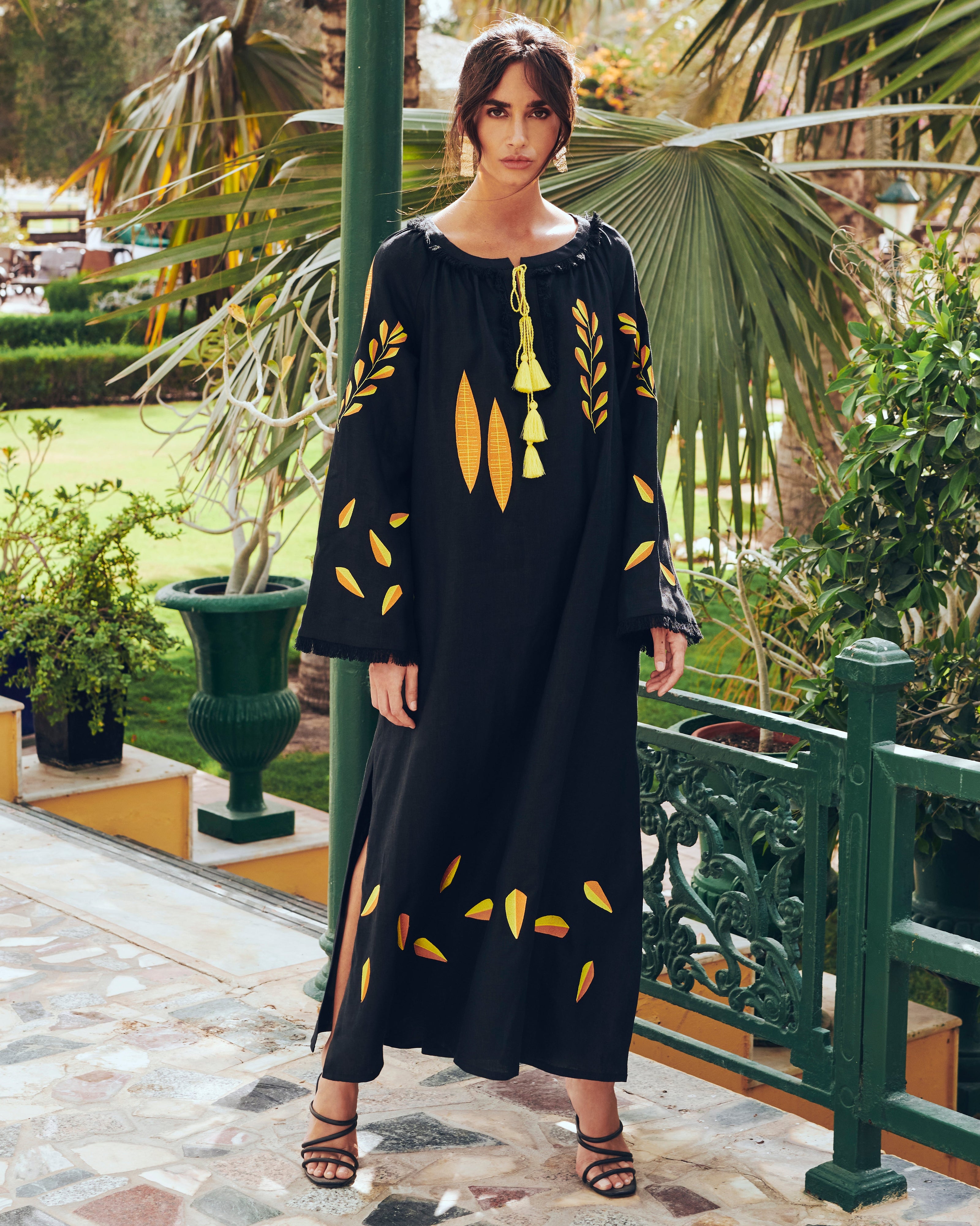 Black Embroidered Linen Maxi Dress || ZALXNDRA