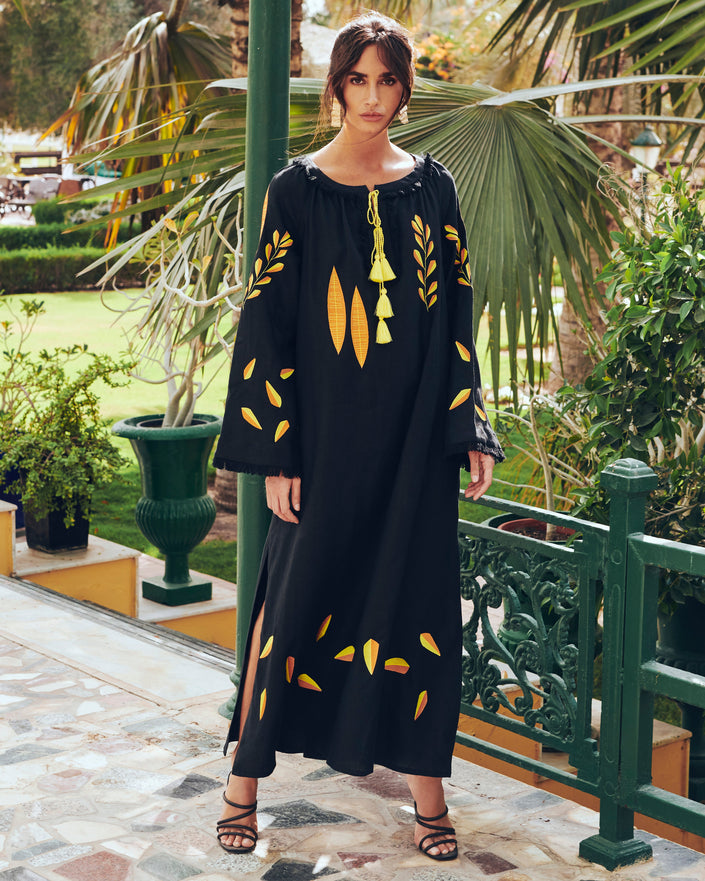 Black Embroidered Linen Maxi Dress || ZALXNDRA