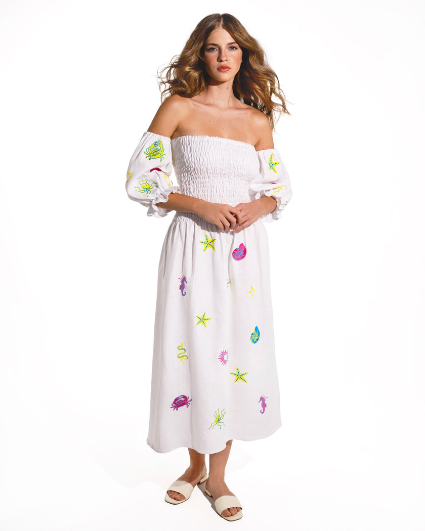 White Embroidered Linen Dress | ZALXNDRA