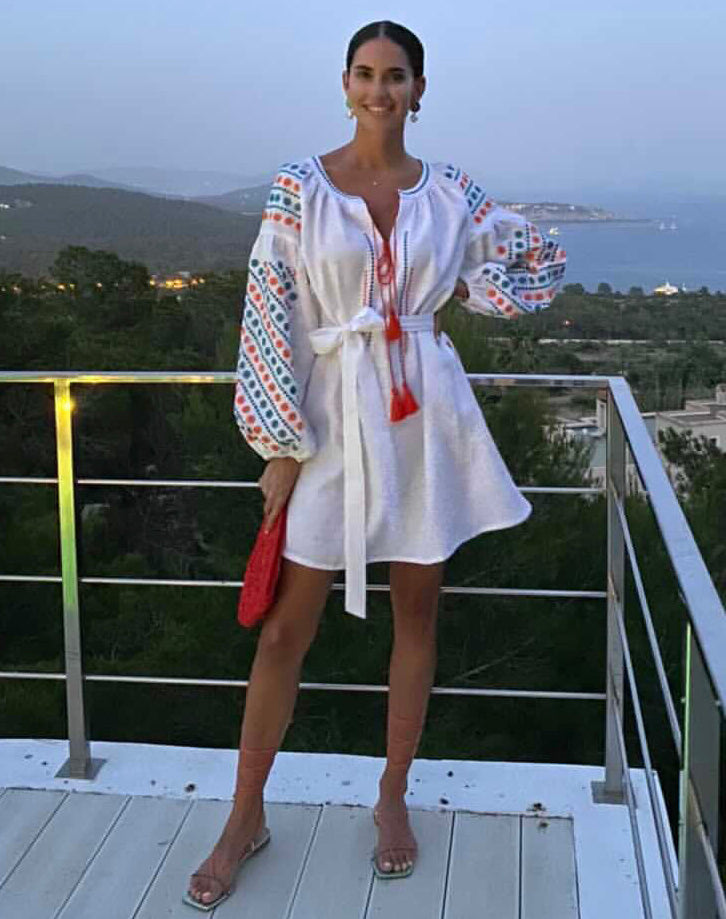 White Turquoise Orange Geometric Embroidered Linen Mini Kaftan Dress