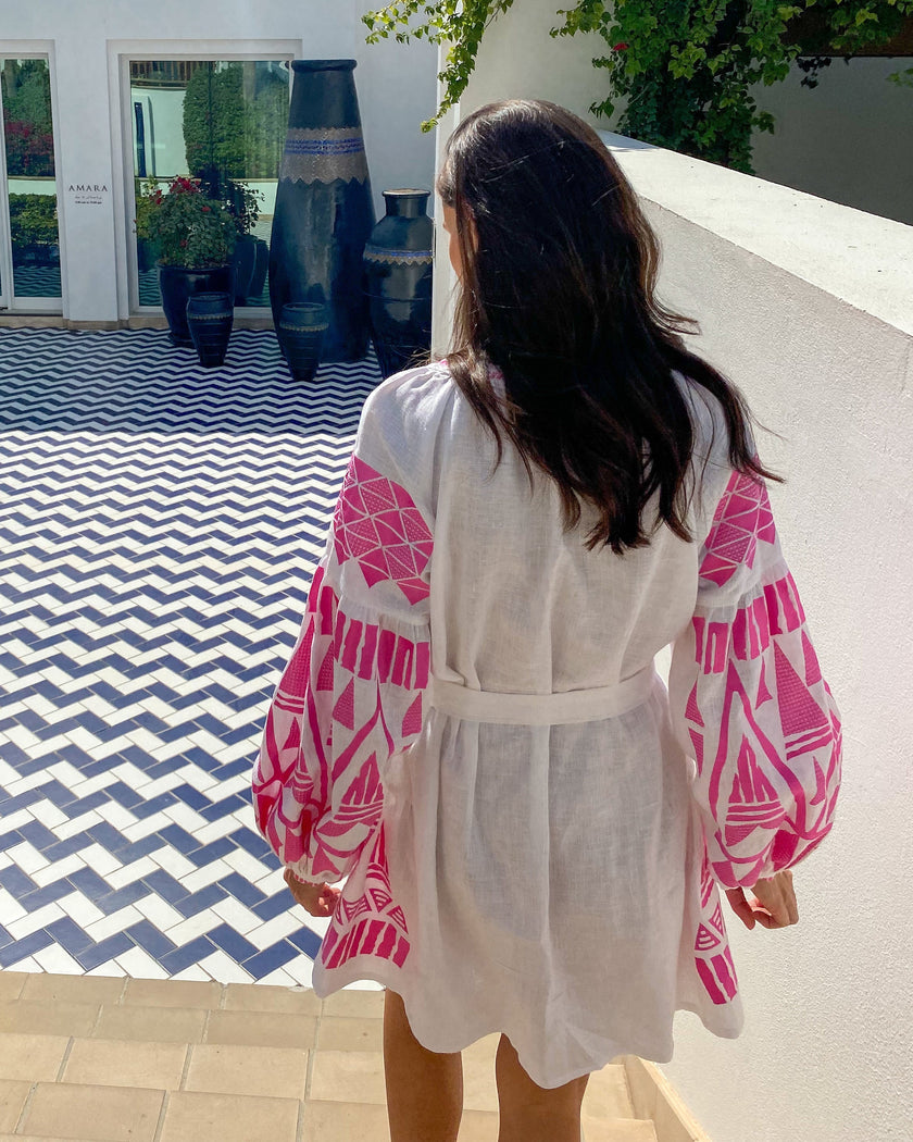 White Embroidered Linen Mini Dress – Balloon Sleeves | ZALXNDRA