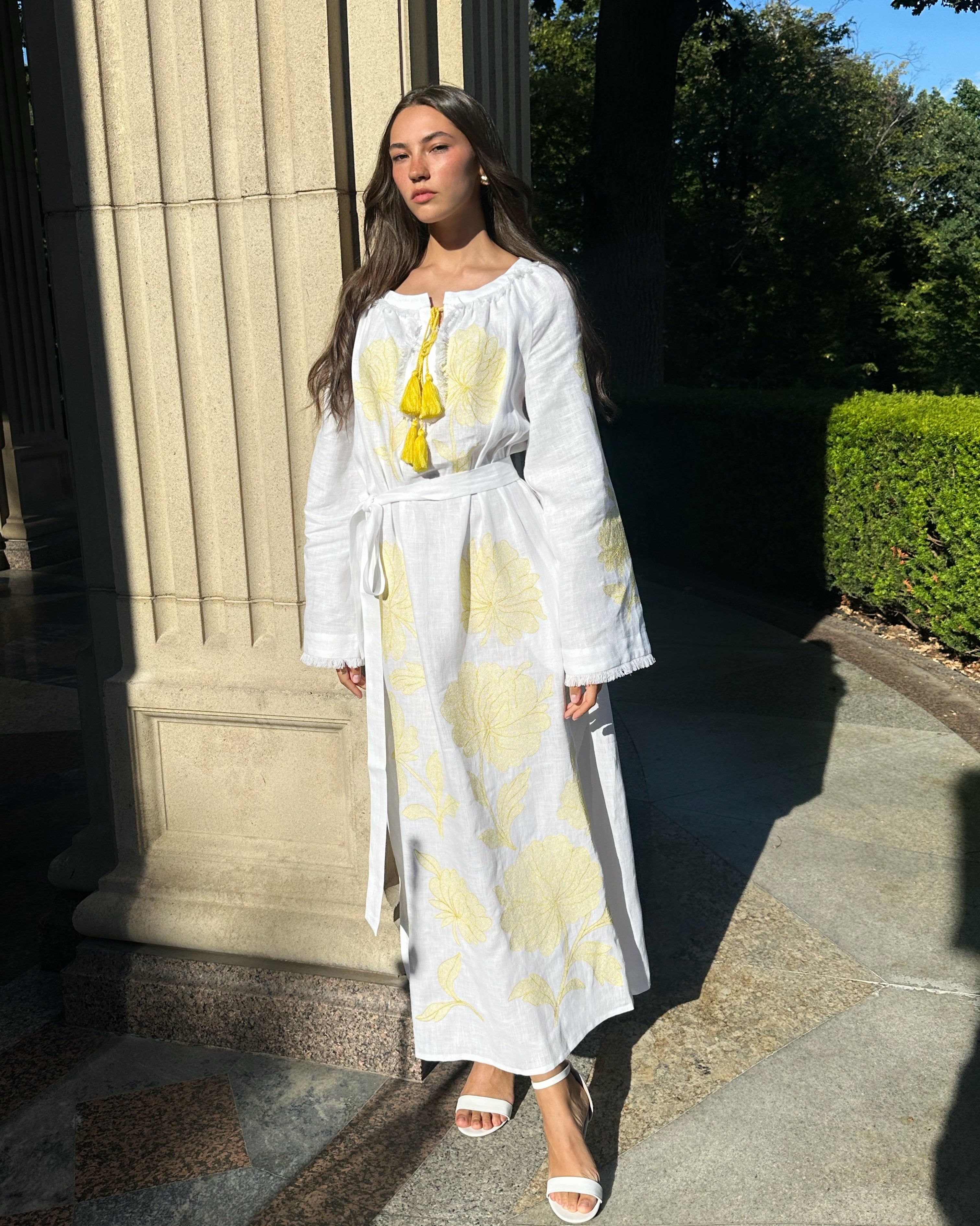 White Embroidered Linen Maxi Dress || ZALXNDRA
