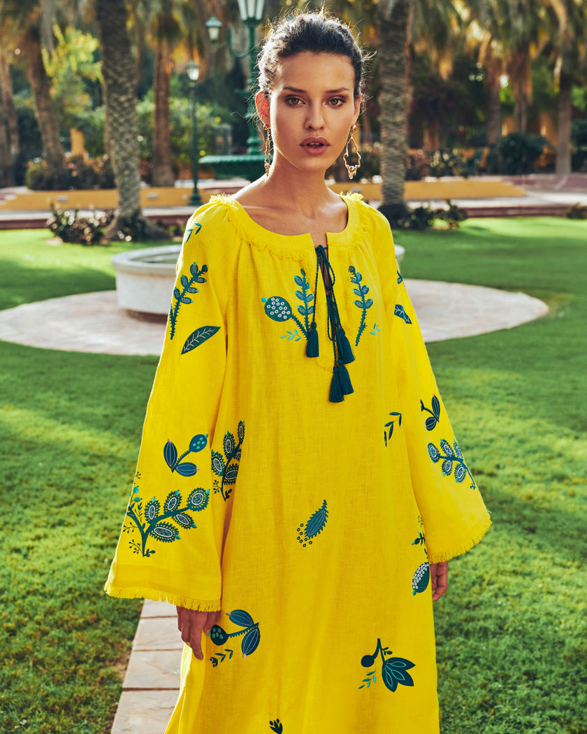 Lemon Yellow Teal Floral Embroidered Linen Kaftan Maxi Dress