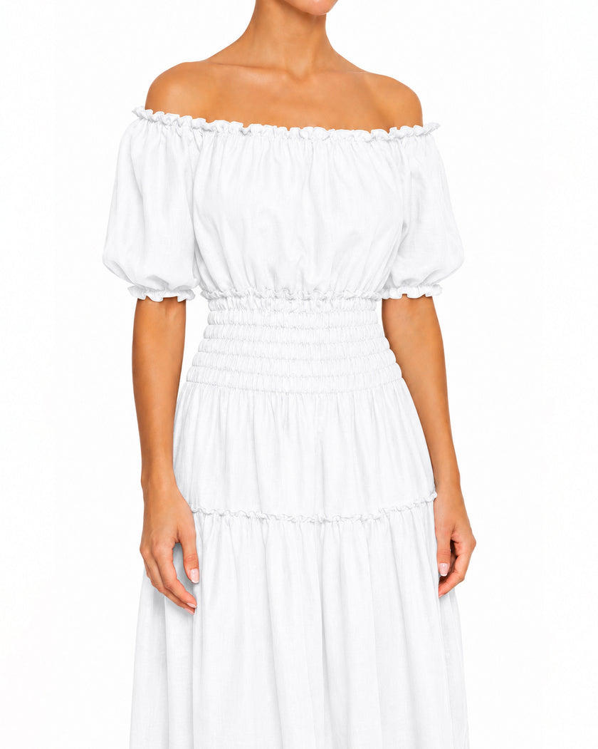 White Linen Off-Shoulder Midi Dress