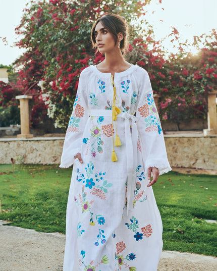 White Embroidered Linen Maxi Dress | ZALXNDRA