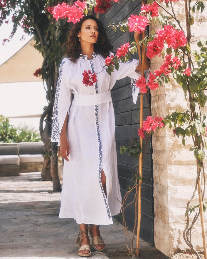 White Embroidered Linen Maxi Dress || ZALXNDRA