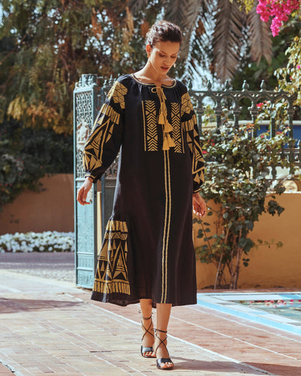 Black Embroidered Linen Maxi Dress – Balloon Sleeves | ZALXNDRA