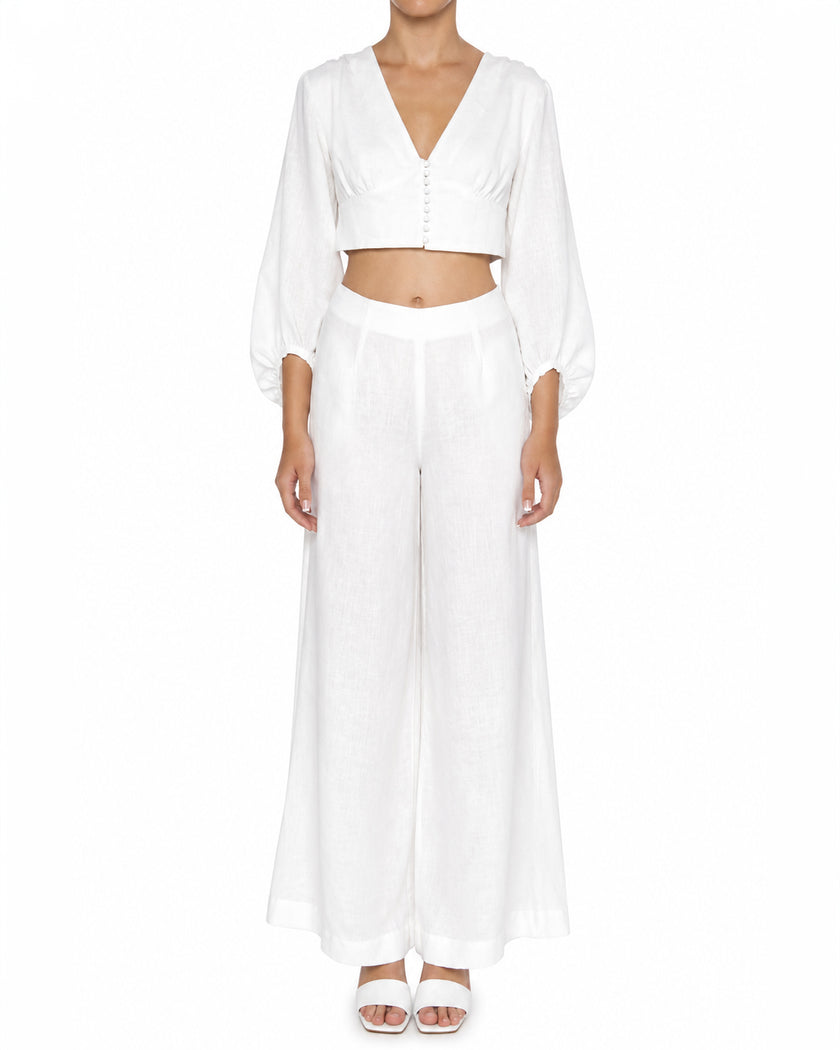 White Linen V-Neck Crop Top and Palazzo Pants Co-ord Set