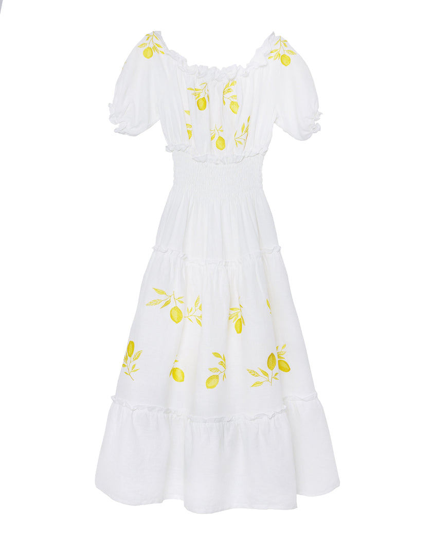 White Yellow Lemon Embroidered Linen Midi Dress