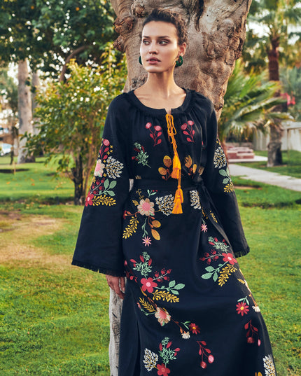 Black Embroidered Linen Maxi Dress | ZALXNDRA