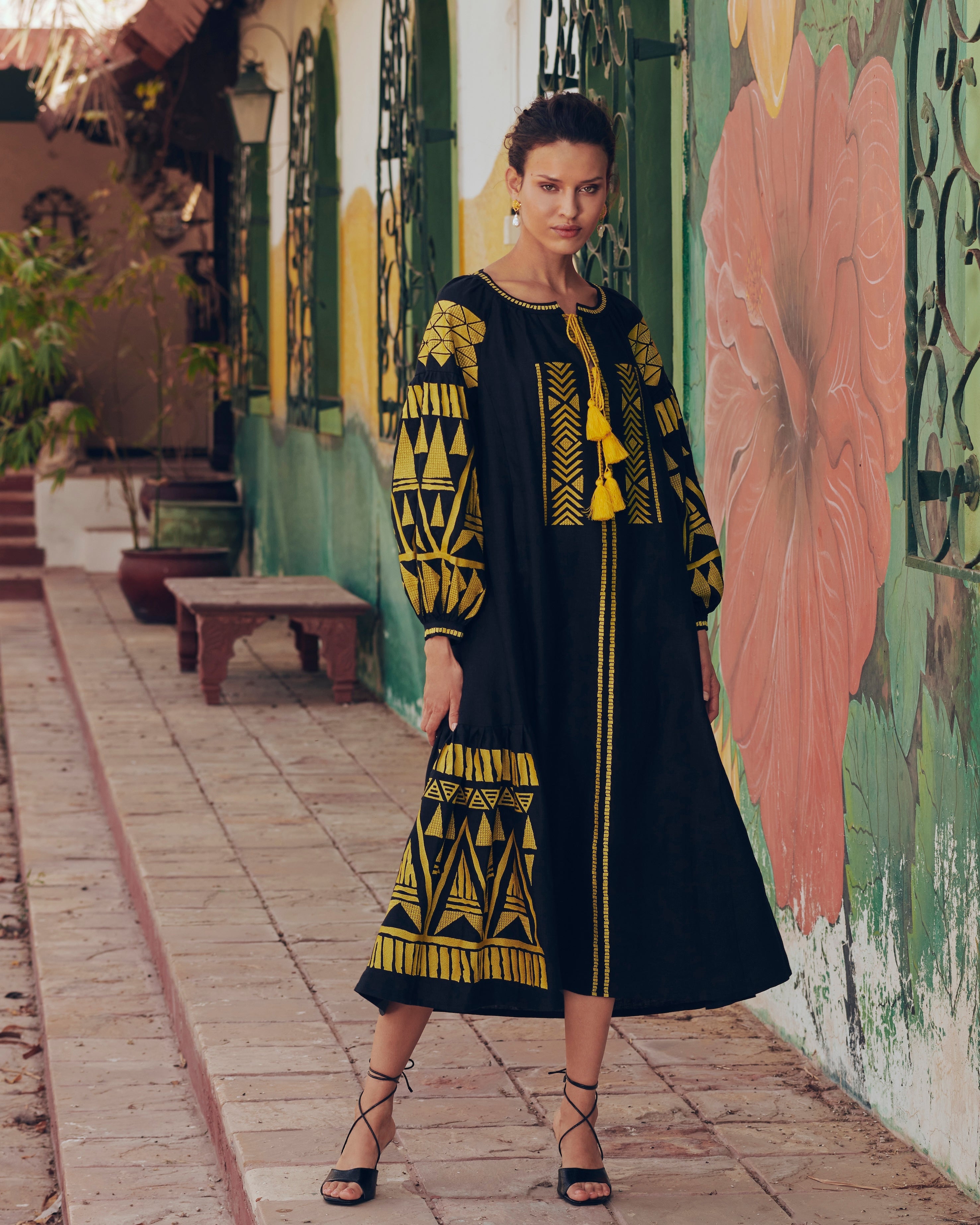 Black Embroidered Linen Maxi Dress – Balloon Sleeves || ZALXNDRA
