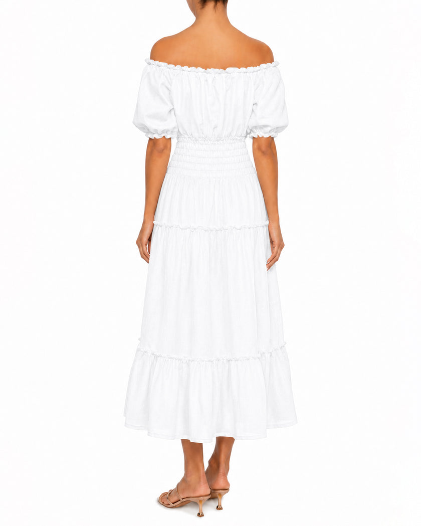 White Linen Off-Shoulder Midi Dress