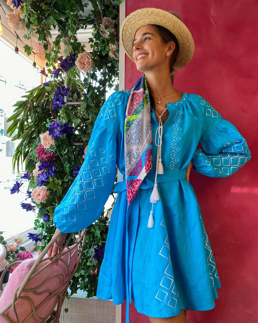 Turquoise White Geometric Embroidered Linen Mini Kaftan Dress