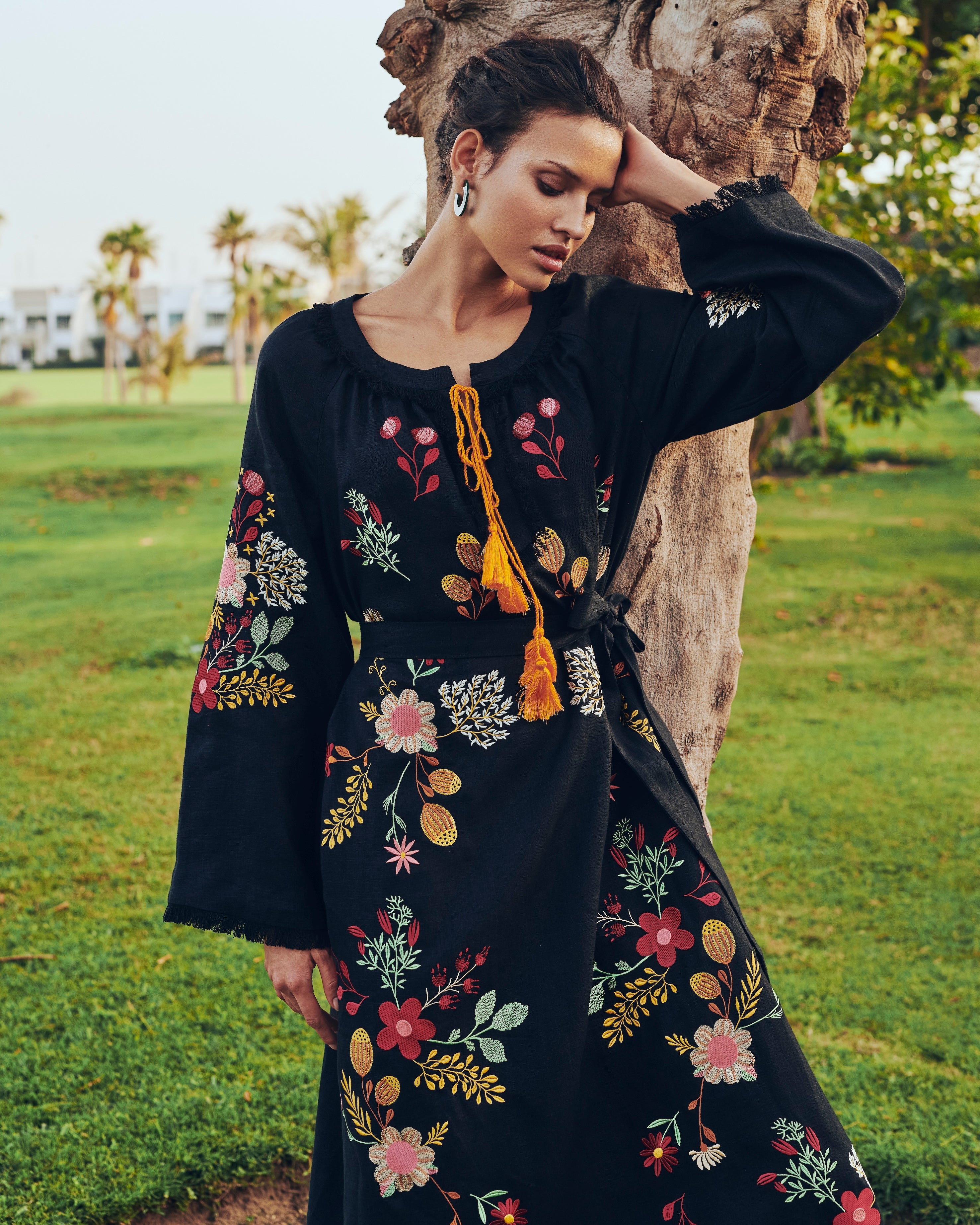 Black Embroidered Linen Maxi Dress || ZALXNDRA