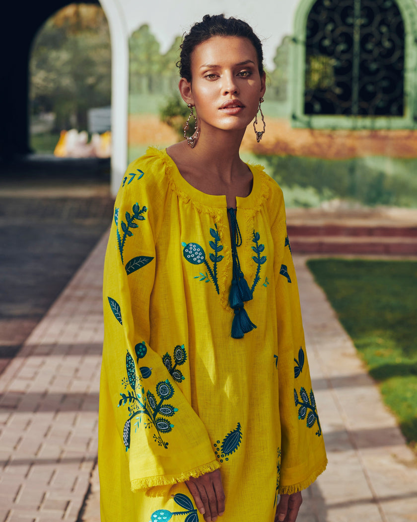 Lemon Yellow Embroidered Linen Maxi Dress | ZALXNDRA