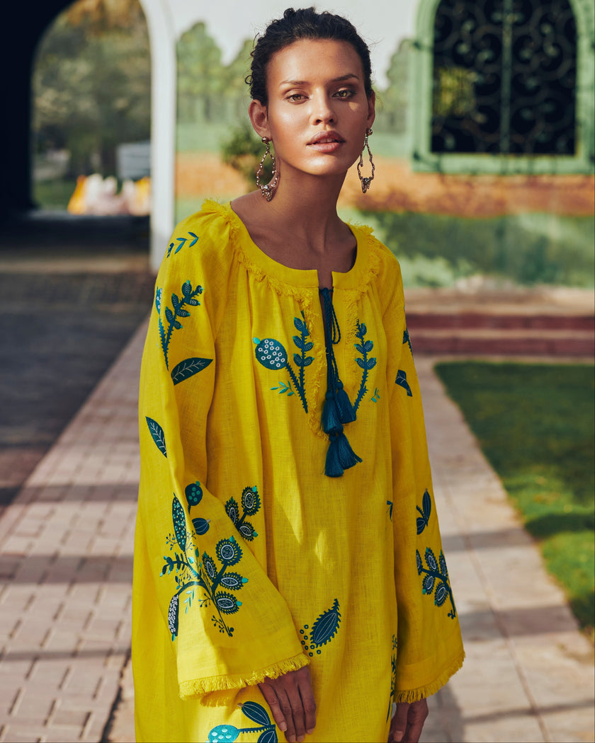 Lemon Yellow Teal Floral Embroidered Linen Kaftan Maxi Dress