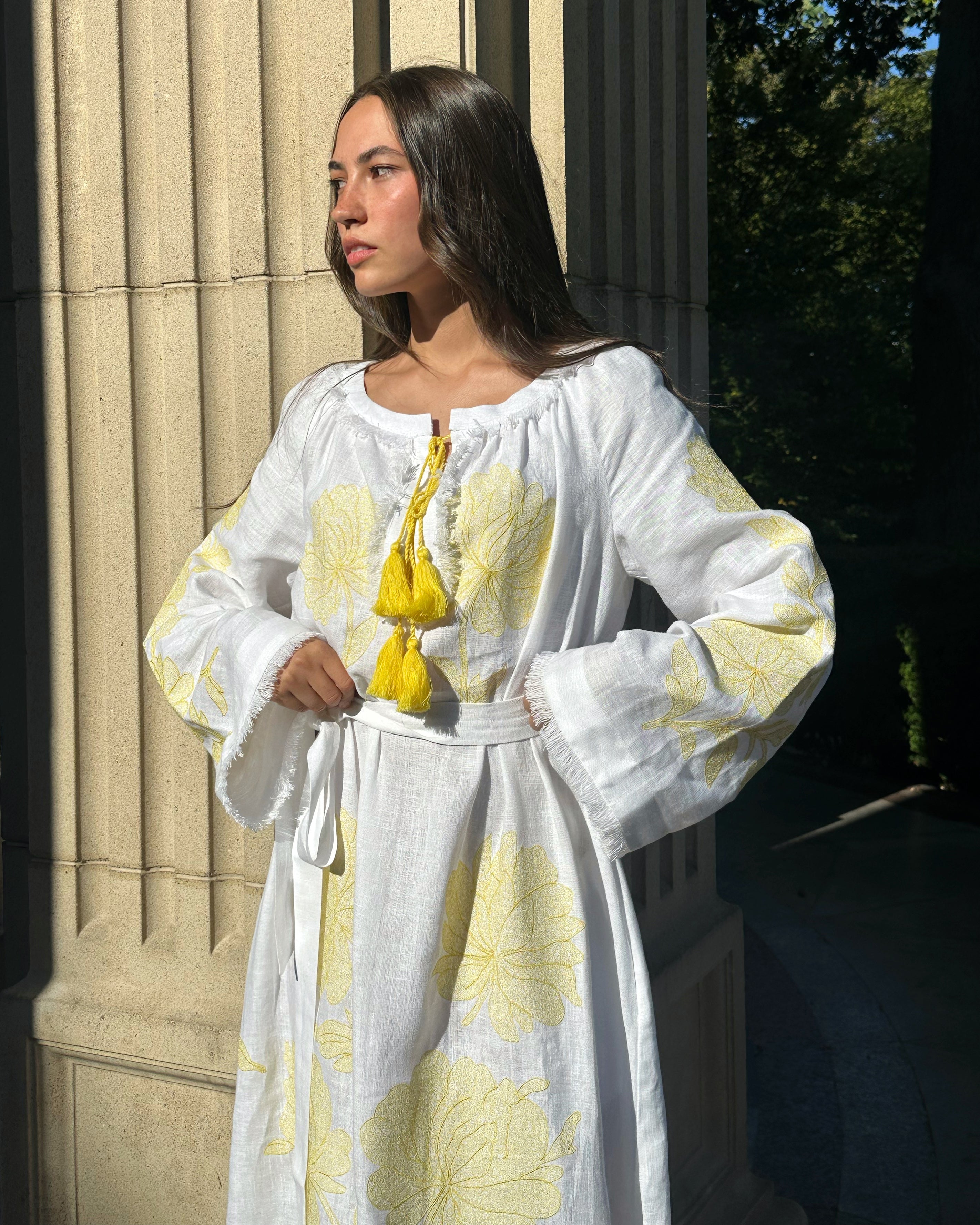 White Embroidered Linen Maxi Dress || ZALXNDRA
