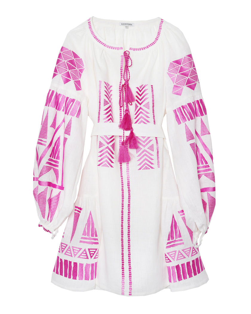 White Pink Geometric Embroidered Linen Kaftan Mini Dress
