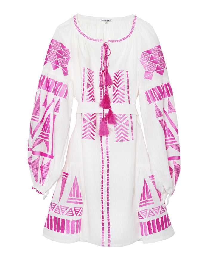 White Embroidered Linen Mini Dress – Balloon Sleeves | ZALXNDRA