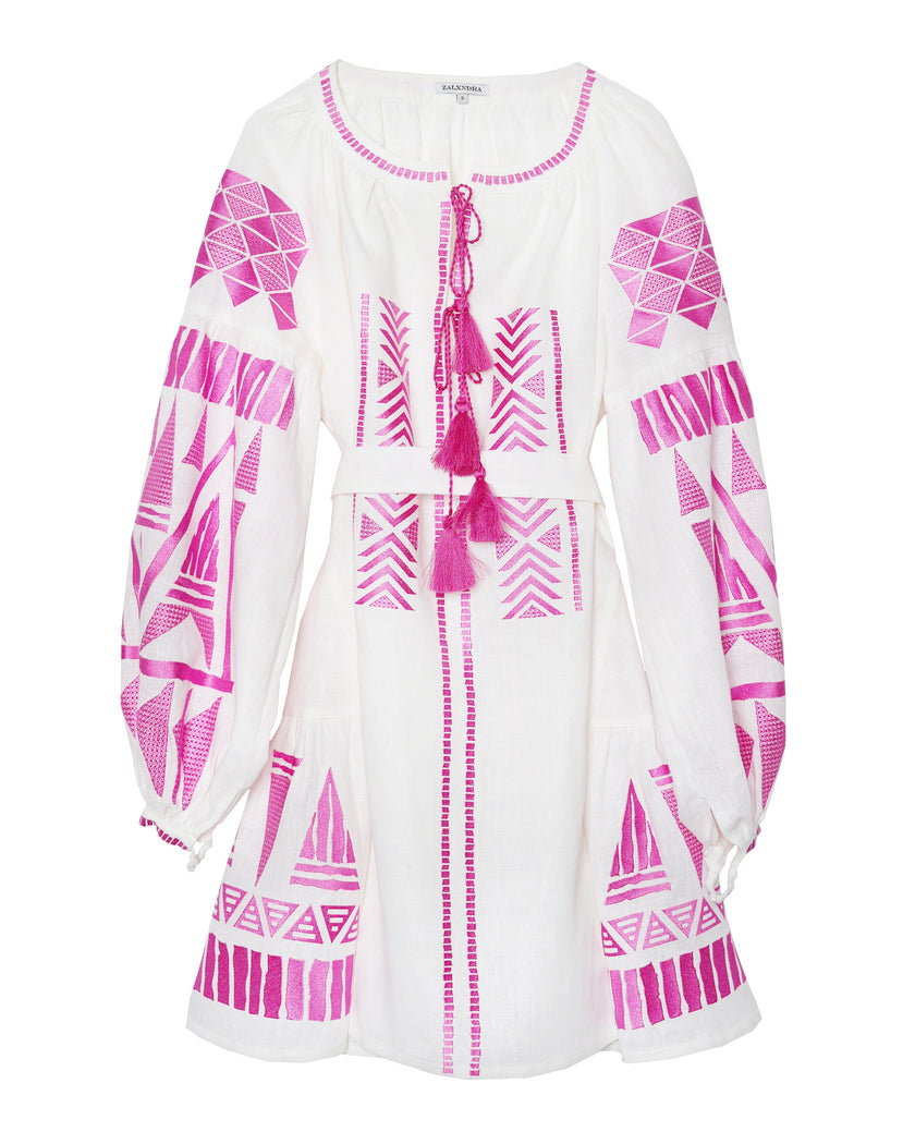 White Embroidered Linen Mini Dress – Balloon Sleeves | ZALXNDRA