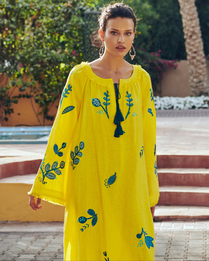 Lemon Yellow Teal Floral Embroidered Linen Kaftan Maxi Dress