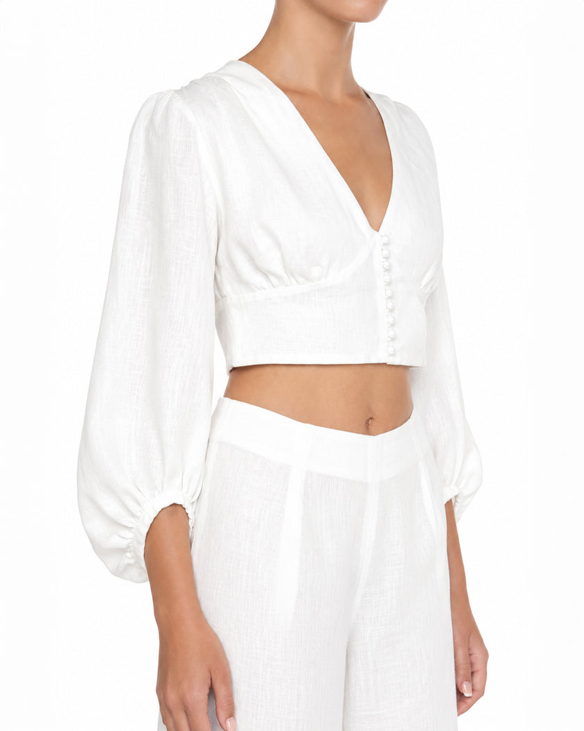 White Linen V-Neck Crop Top and Palazzo Pants Co-ord Set