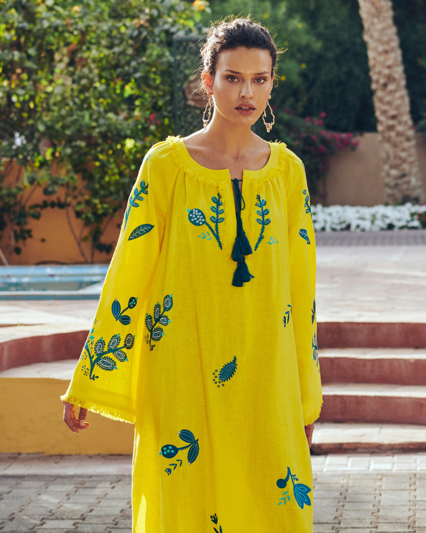 Lemon Yellow Embroidered Linen Maxi Dress | ZALXNDRA