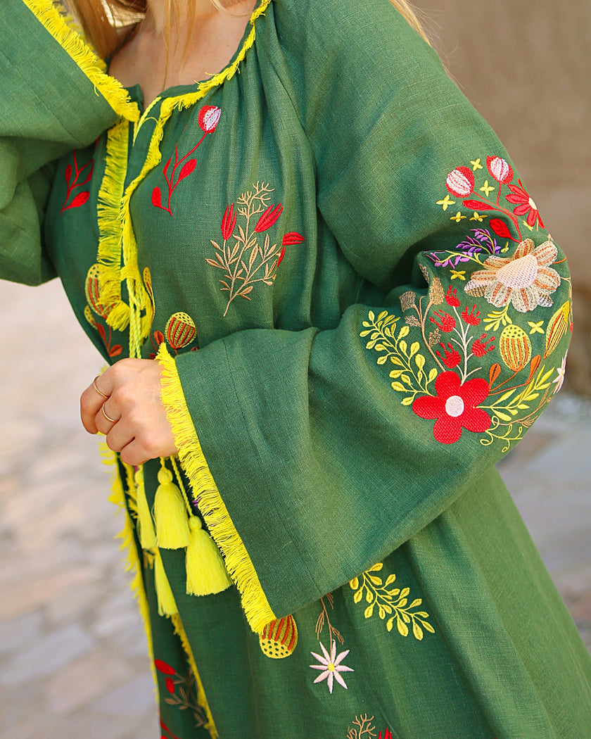 Forrest Green Embroidered Linen Maxi Dress | ZALXNDRA